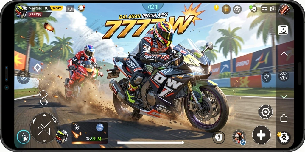 Gameplay seru dalam balapan motor 7777W.