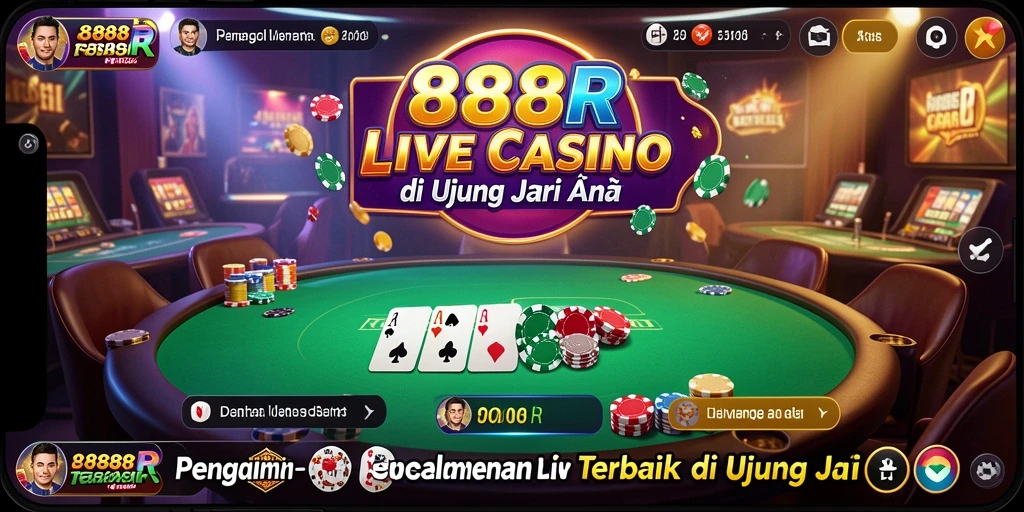 Screenshot gameplay 888R menunjukkan interaksi langsung dengan dealer dan pemain lain.