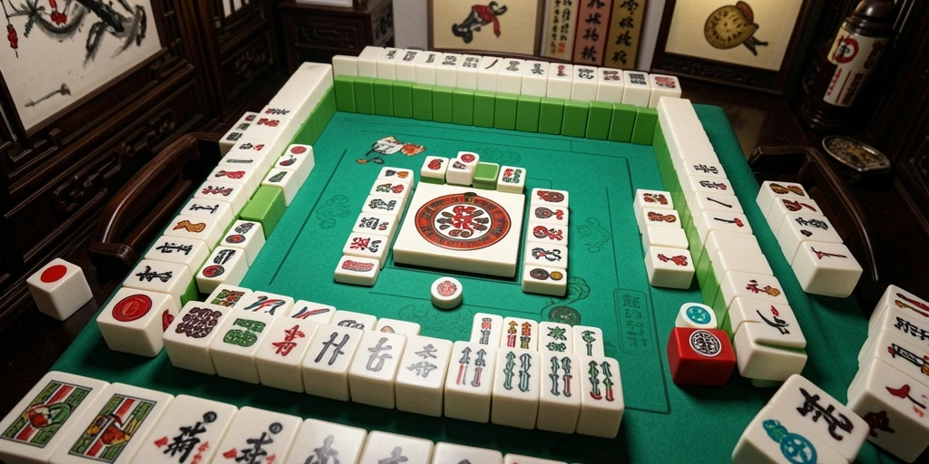 Tampilan dramatik dari gameplay Mahjong NA777 dengan ubin berwarna-warni.