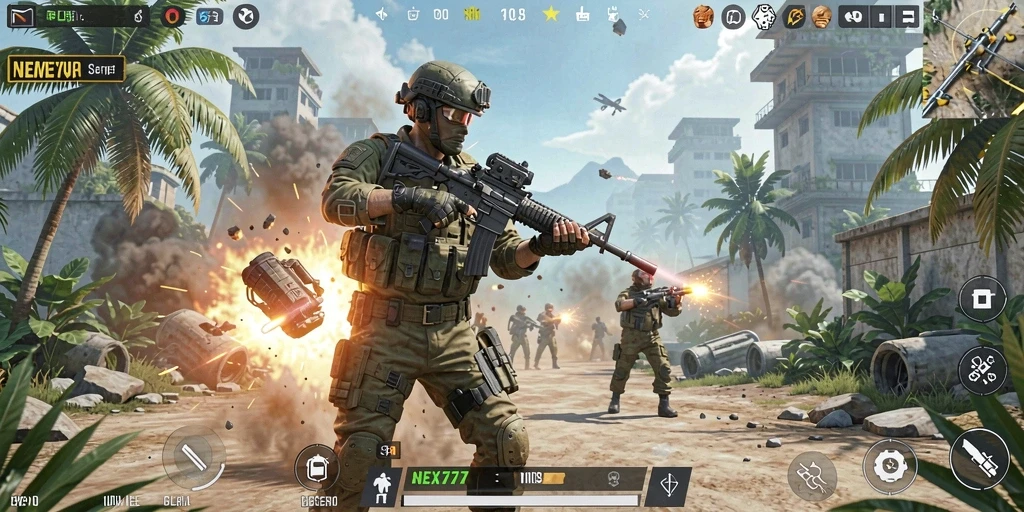 Tangkapan layar NEX777 menampilkan aksi pertarungan yang mendebarkan dalam Battle Royale.