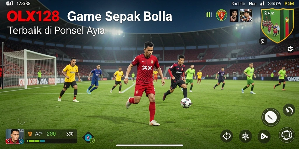 Screenshot gameplay OLX128 menampilkan aksi seru di lapangan sepak bola.