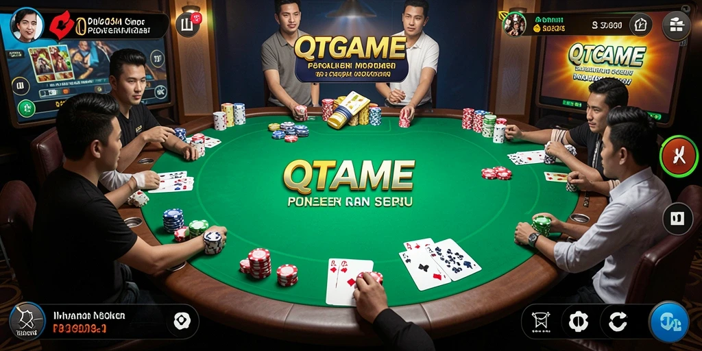 Screenshot utama QTGAME menampilkan salah satu sesi permainan Poker yang intens.