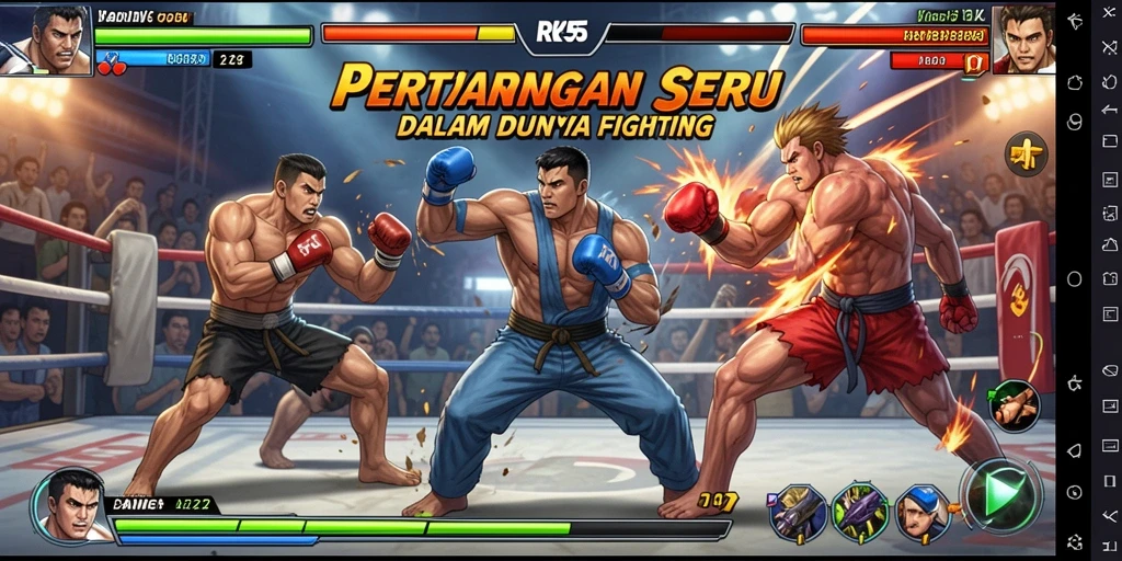 Gambar gameplay RK55 menunjukkan pertarungan epik antara karakter yang berbeda.