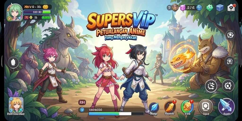 Screenshot SUPERSVIP menampilkan karakter Anime dalam aksi petualangan seru.