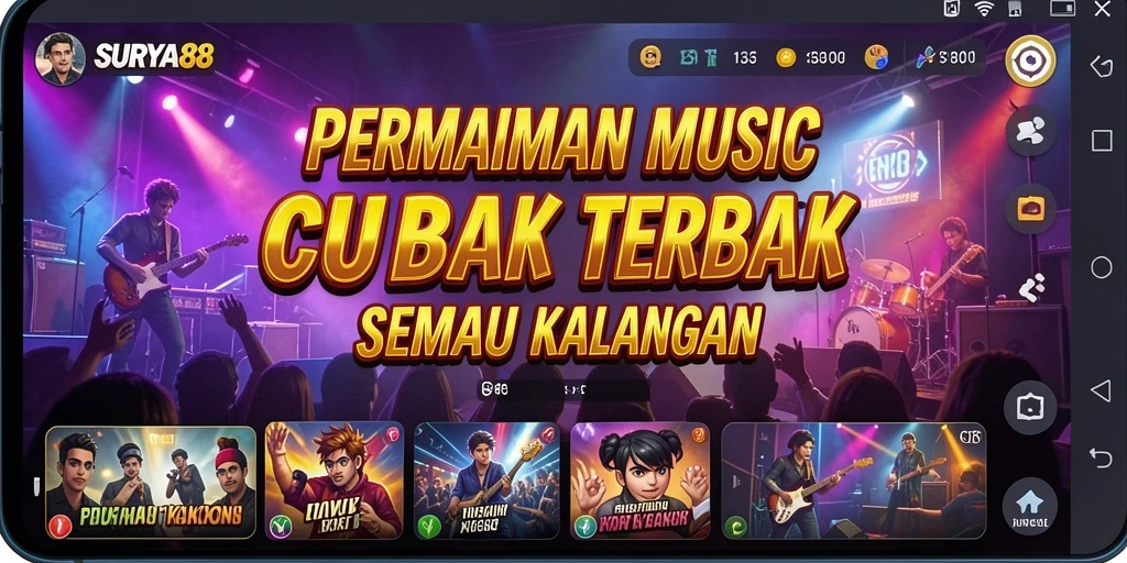 Tampilan gameplay SURYA88 dengan antarmuka intuitif dan banyak pilihan lagu.